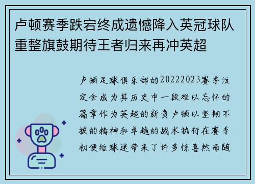 卢顿赛季跌宕终成遗憾降入英冠球队重整旗鼓期待王者归来再冲英超